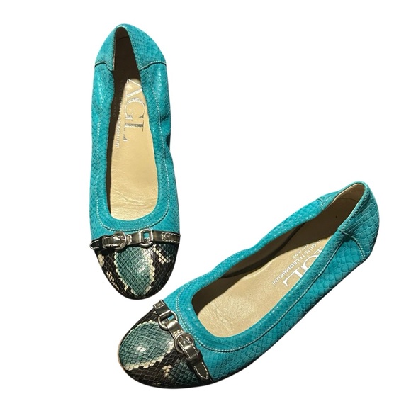 AGL Turquoise Monika Cap Toe Python Print Leather Ballet Flats - Size 41/US 9.5 - Picture 3 of 10